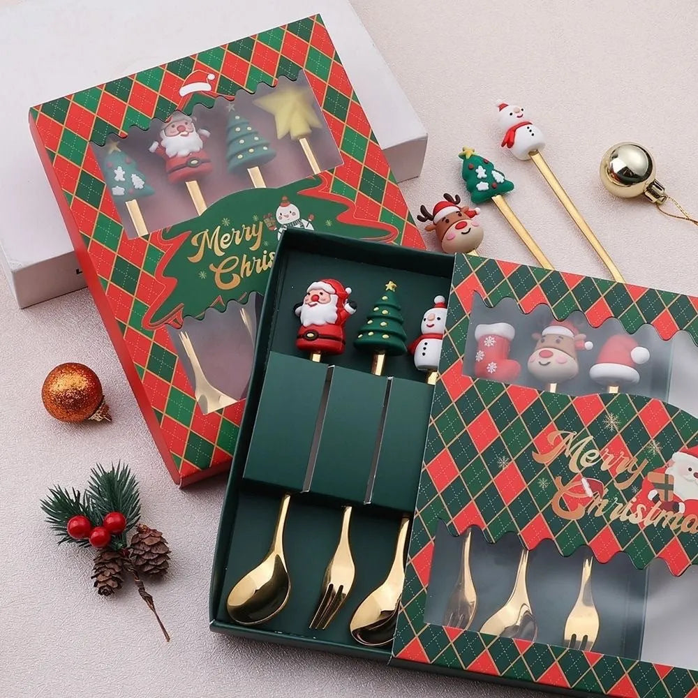 Stainless steel Christmas spoon and fork set with snowman and tree designs on handles