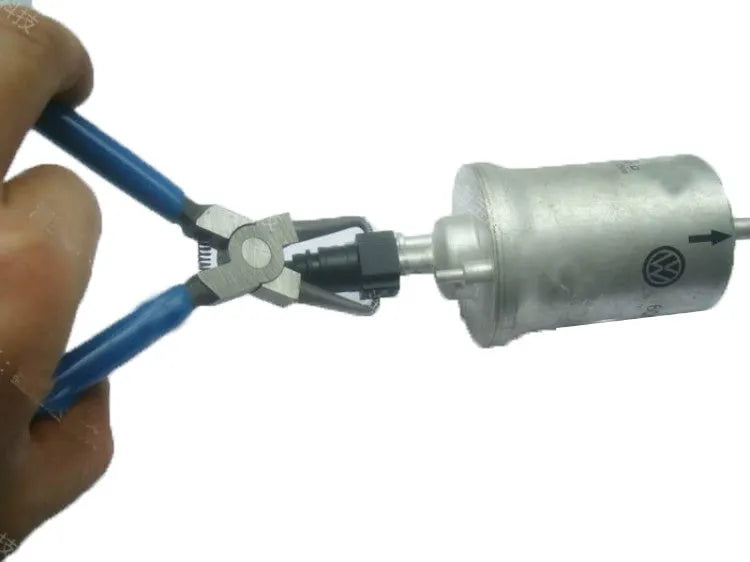 Iron caliper tubing pliers with rubber grips for automotive fuel line maintenance in two sizes