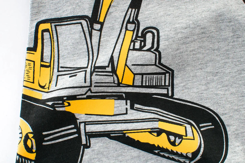 Children's light grey cartoon print cotton T-shirt with short sleeves and round neck.