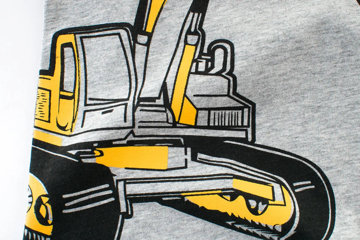 Children's light grey cartoon print cotton T-shirt with short sleeves and round neck.