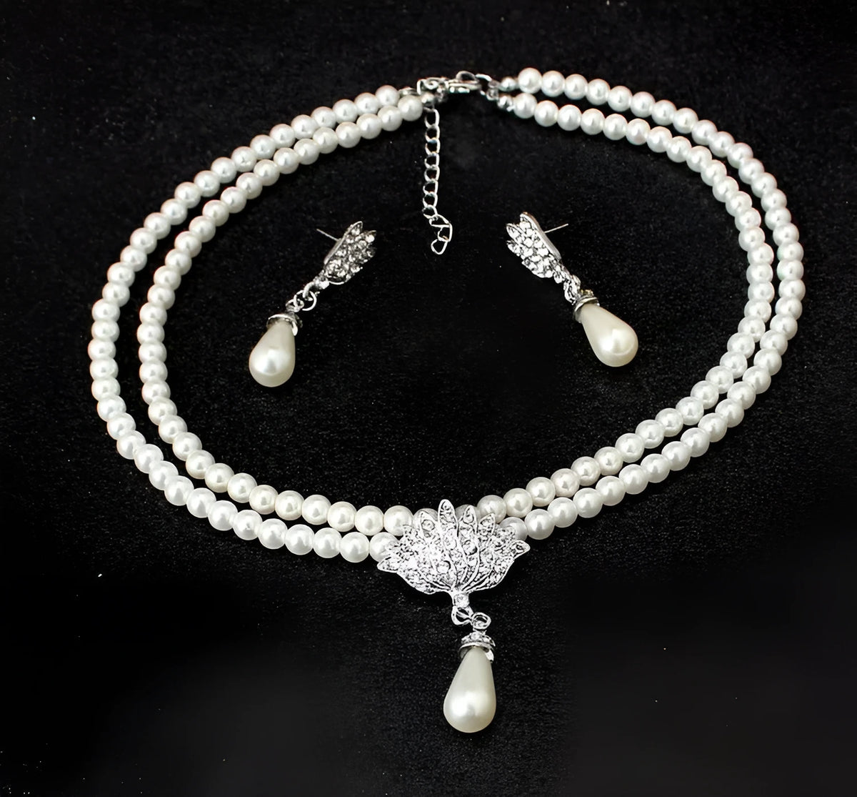 Pearl crystal diamond-look bridal necklace and earrings set CMT087 for wedding