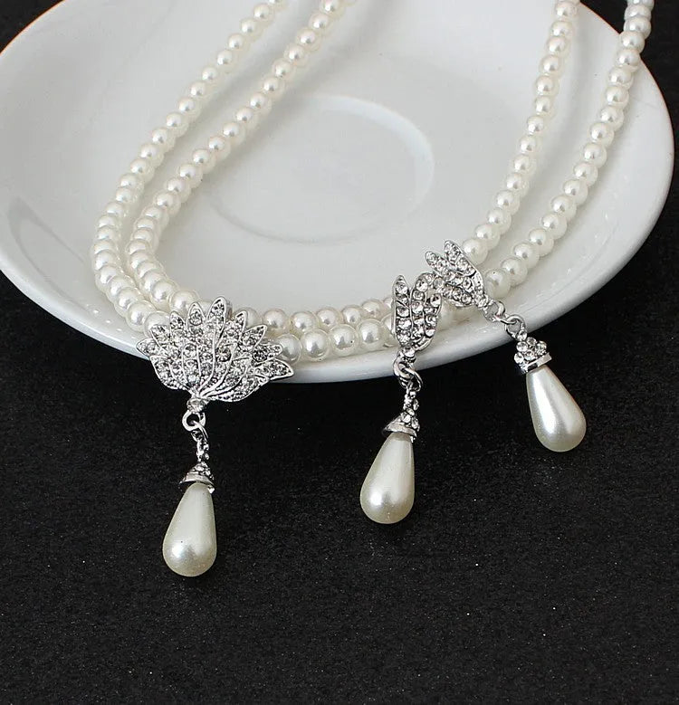 Pearl crystal diamond-look bridal necklace and earrings set CMT087 for wedding