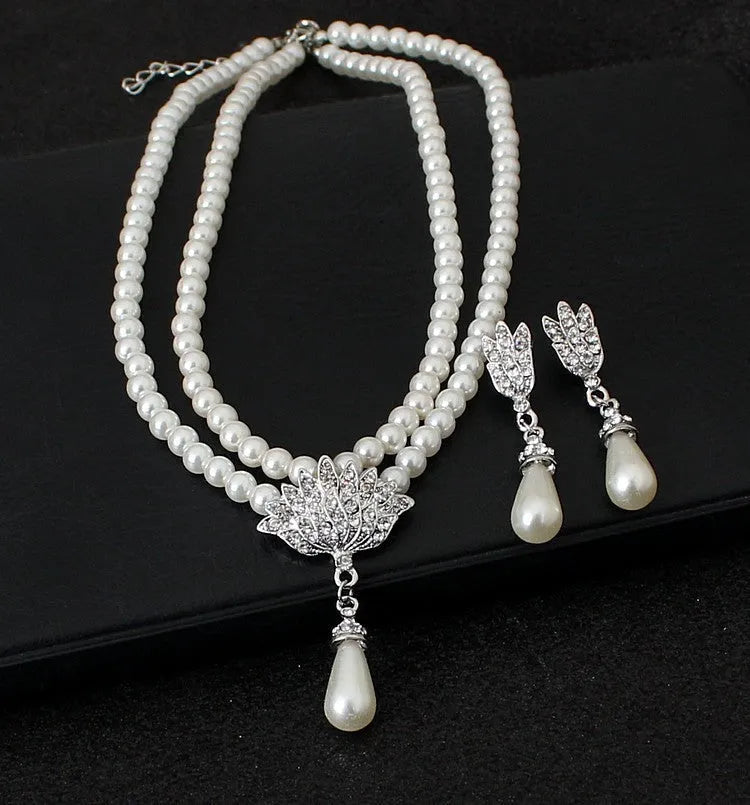 Pearl crystal diamond-look bridal necklace and earrings set CMT087 for wedding