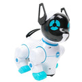 Electric pet dog toy with built-in light and music, blue colour, standing on floor