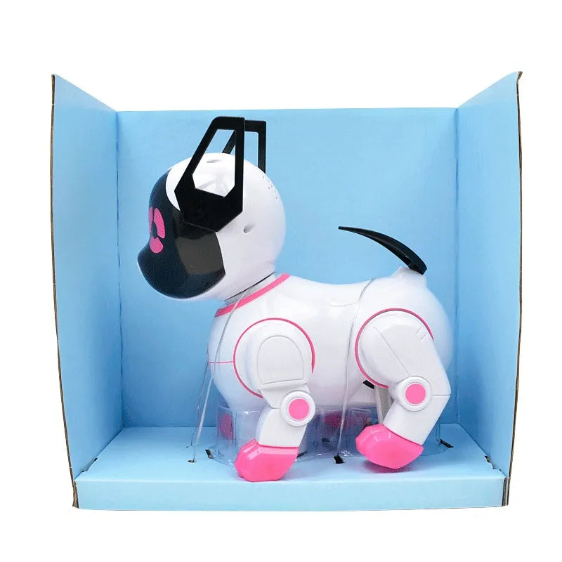 Electric pet dog toy with built-in light and music, blue colour, standing on floor