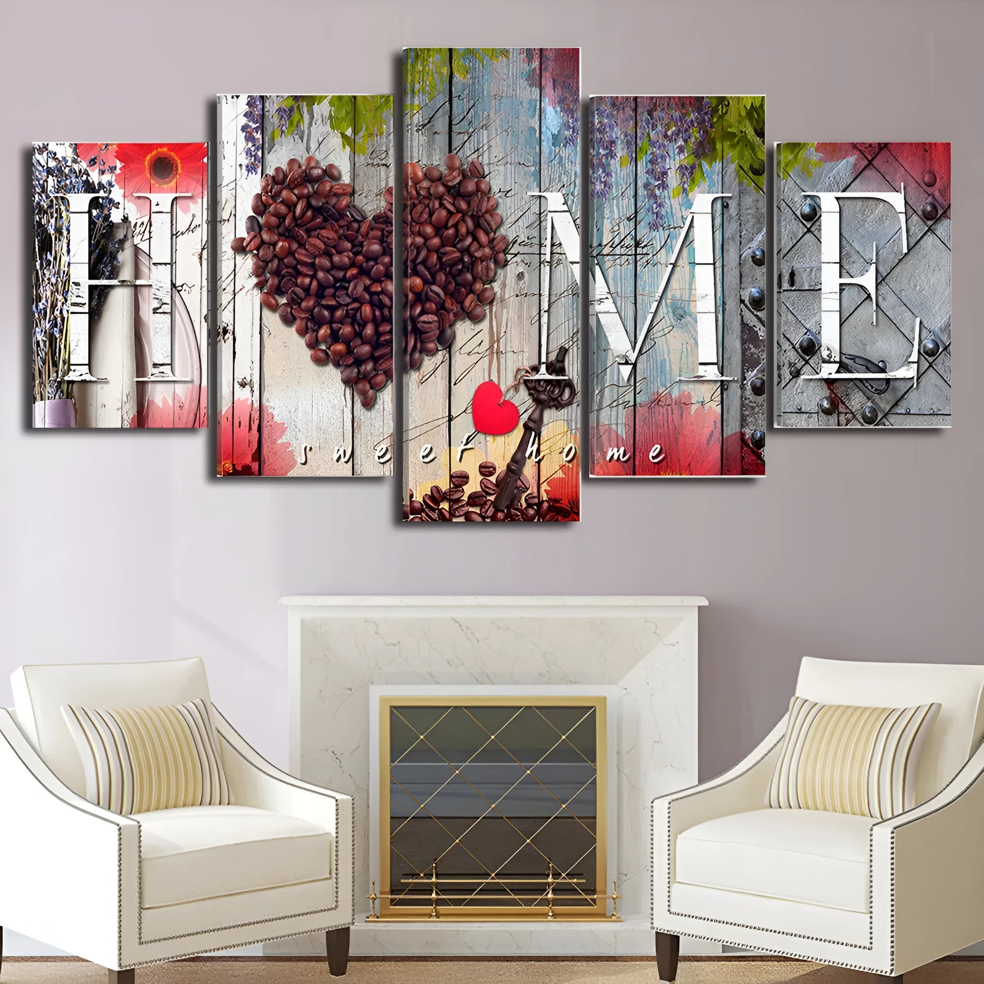 Set of five red oil painting home sweet home decoration boards in different sizes