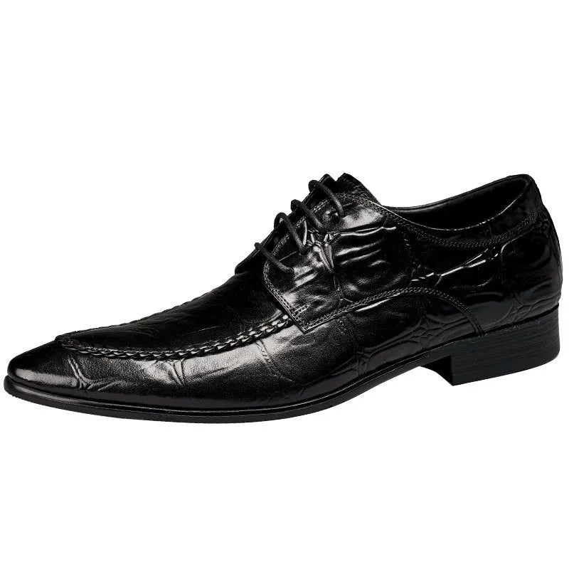 Men's black leather business shoes with alligator pattern texture and a gold horse bit buckle.