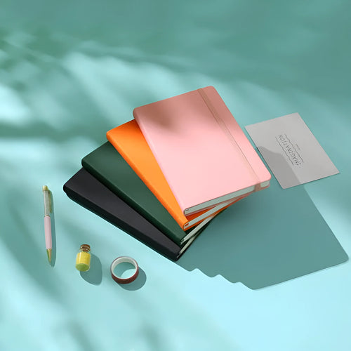 A5 tactile PU hardcover notebook with 96 sheets of 100gsm white paper, available in ten colours including black and red