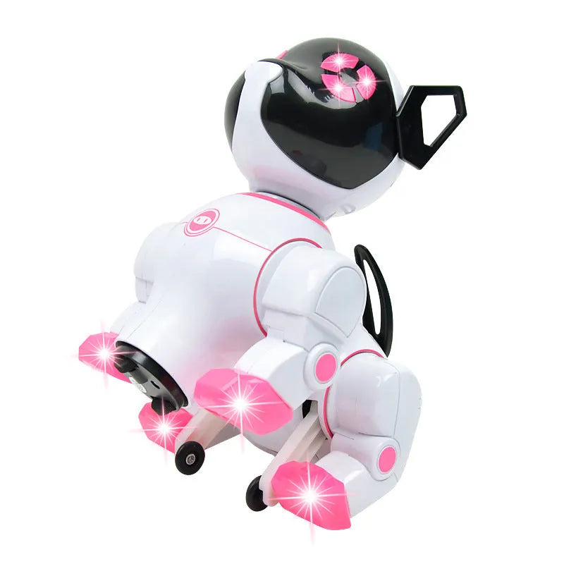 Electric pet dog toy with built-in light and music, blue colour, standing on floor