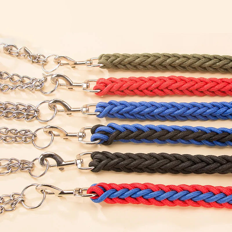 Heavy duty nylon braided dog collar and leash set in black, with 360-degree rotatable hook, for training and walking large dogs.