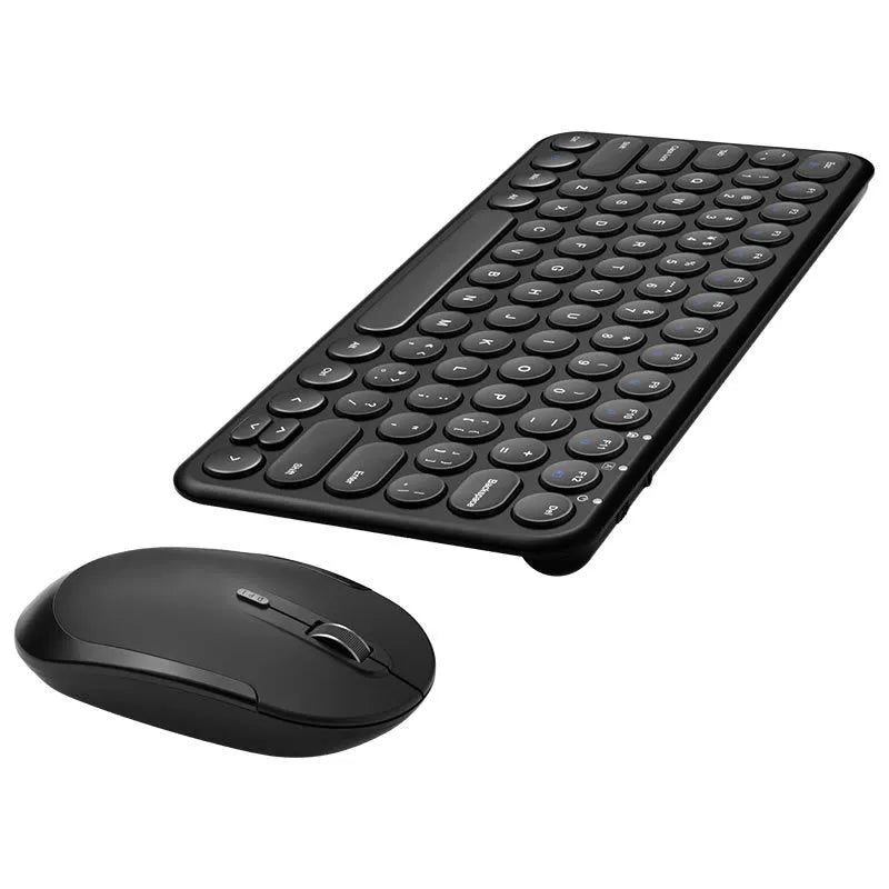 Mute brand ultra-thin wireless keyboard and mouse set with USB receiver on a wooden desk.