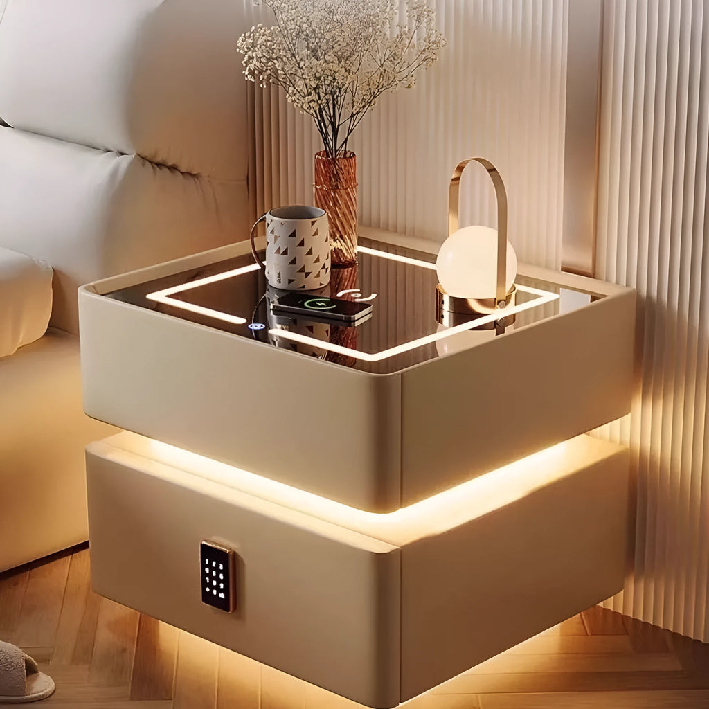 Wireless charging Bluetooth smart bed cabinet in wooden Nordic style with white and black finish