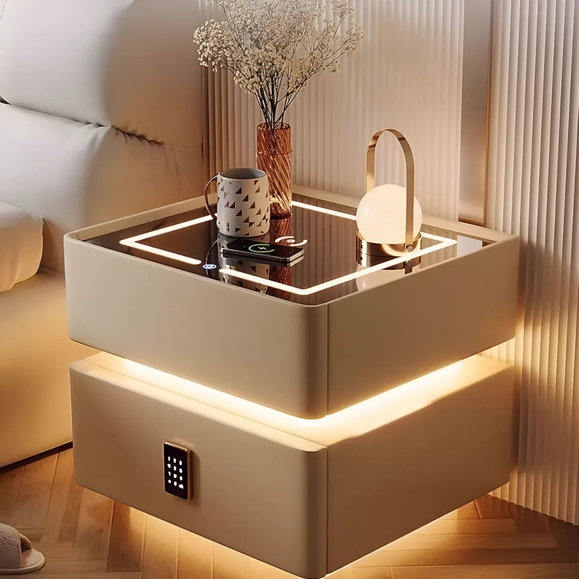 Wireless charging Bluetooth smart bed cabinet in wooden Nordic style with white and black finish