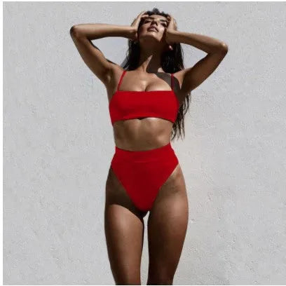 Ladies three-point bikini swimsuit solid colour with padding in front view on white background