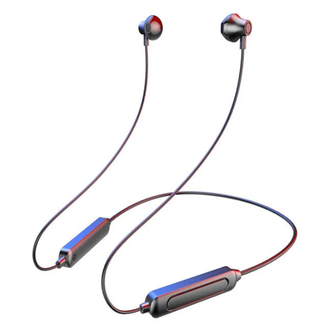 Black wireless neckband sports earphones with custom logo printing area on the neckband.