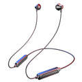Black wireless neckband sports earphones with custom logo printing area on the neckband.