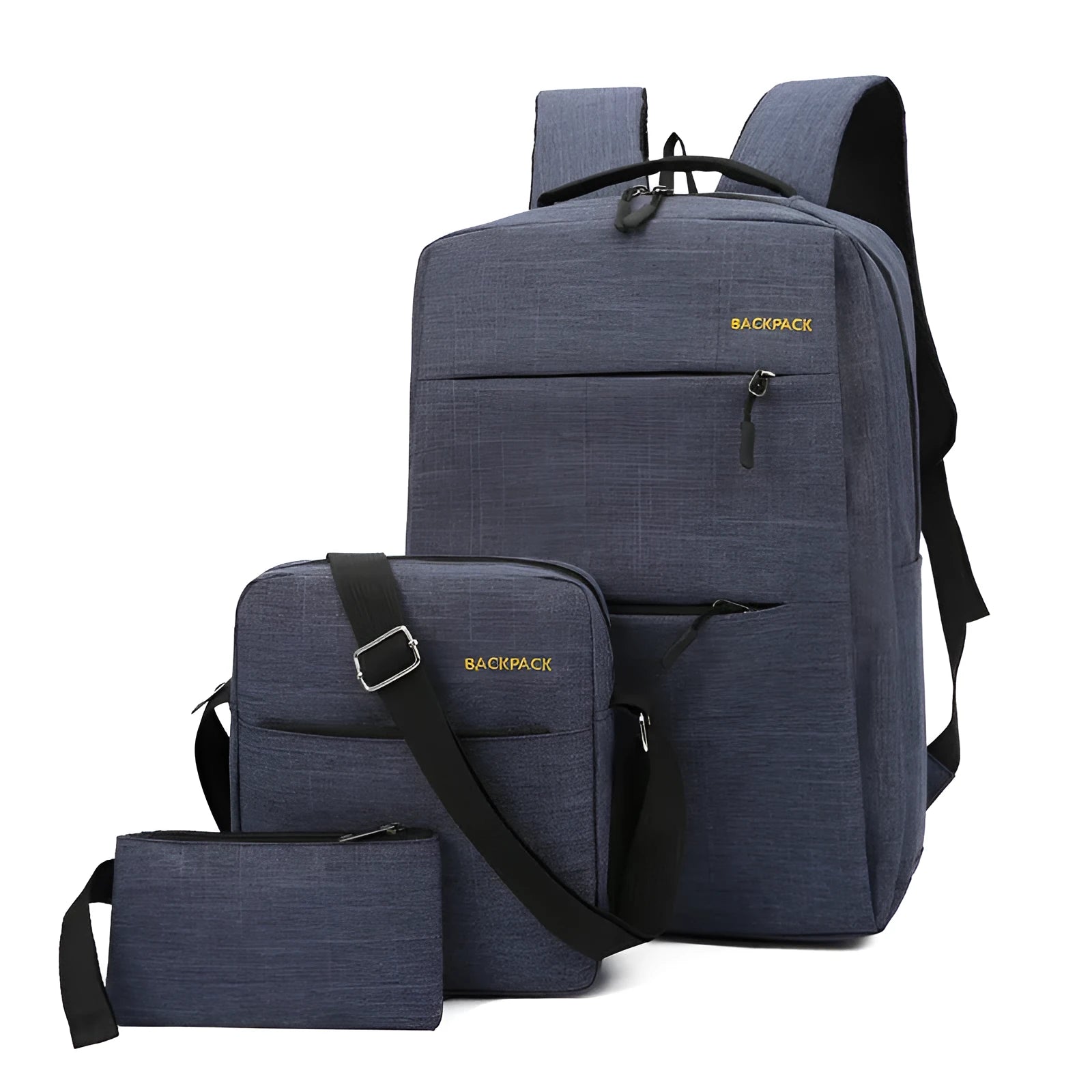 Men's solid colour three-piece nylon laptop bag set with USB charging port on exterior.