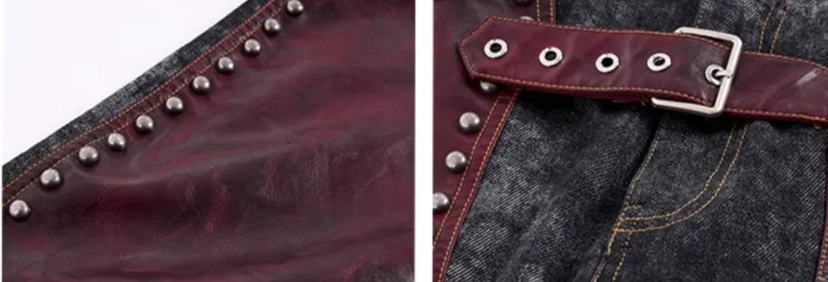 Special-interest leather vest coat set with heavy industry rivets, red top and matching trousers, lapel collar