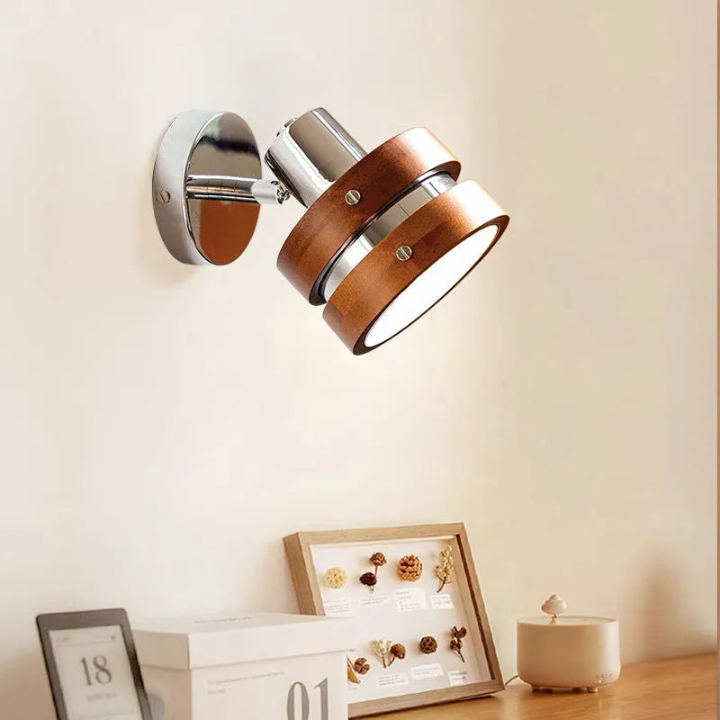 Nordic style walnut finish wall lamp with three colour light options for bedside and living room