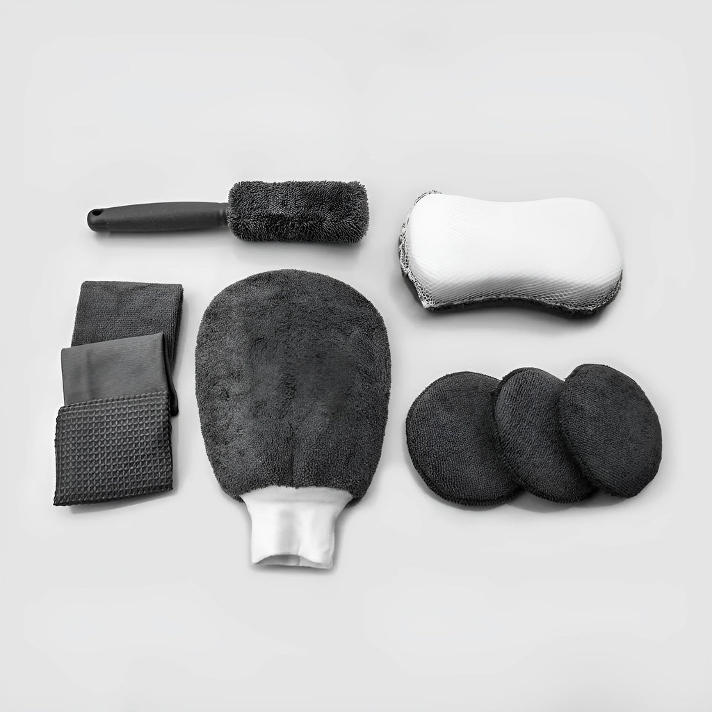9-piece car cleaning cloth and sponge set with waxing and wheel hub brushes in gray, orange, and variegated colours
