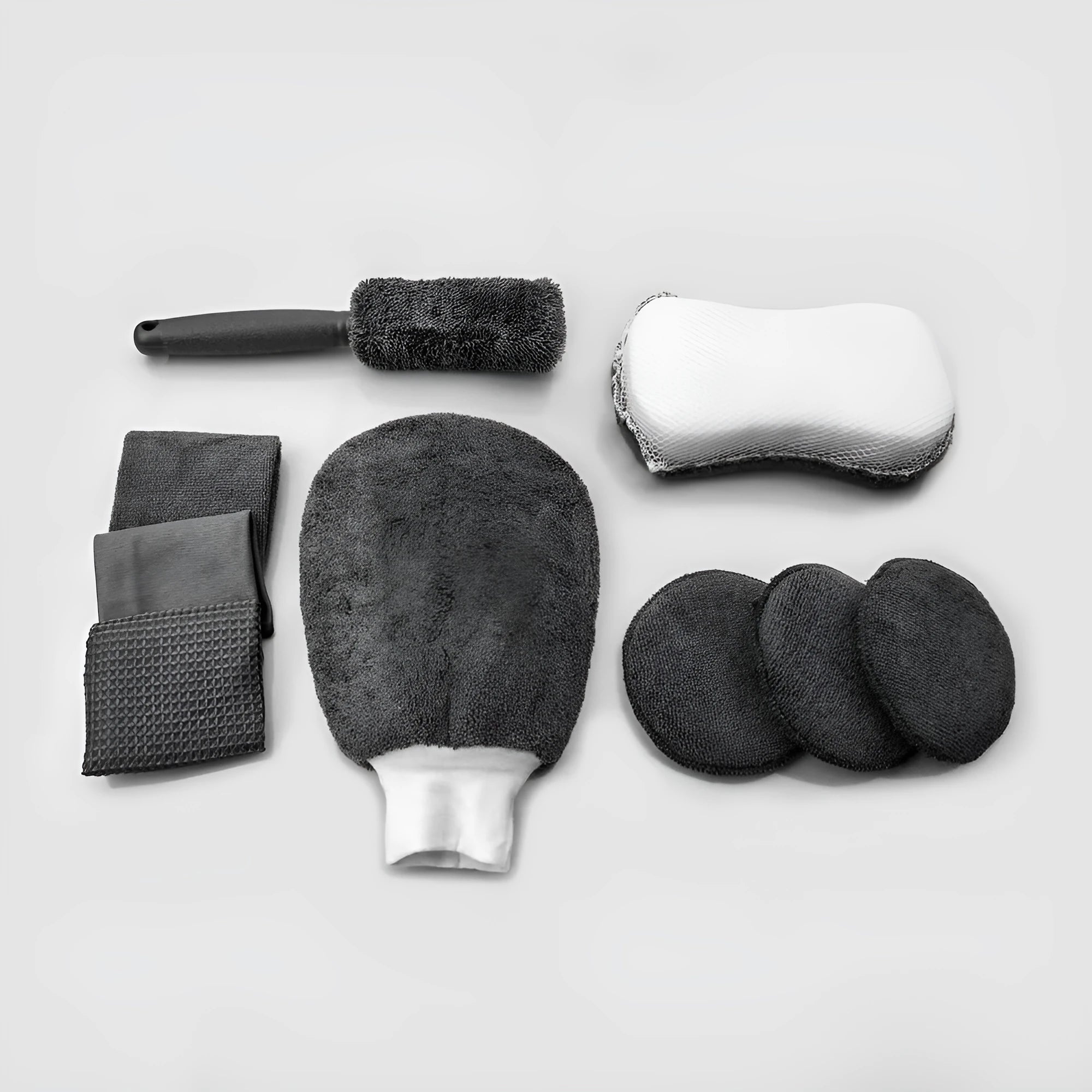 9-piece car cleaning cloth and sponge set with waxing and wheel hub brushes in gray, orange, and variegated colours