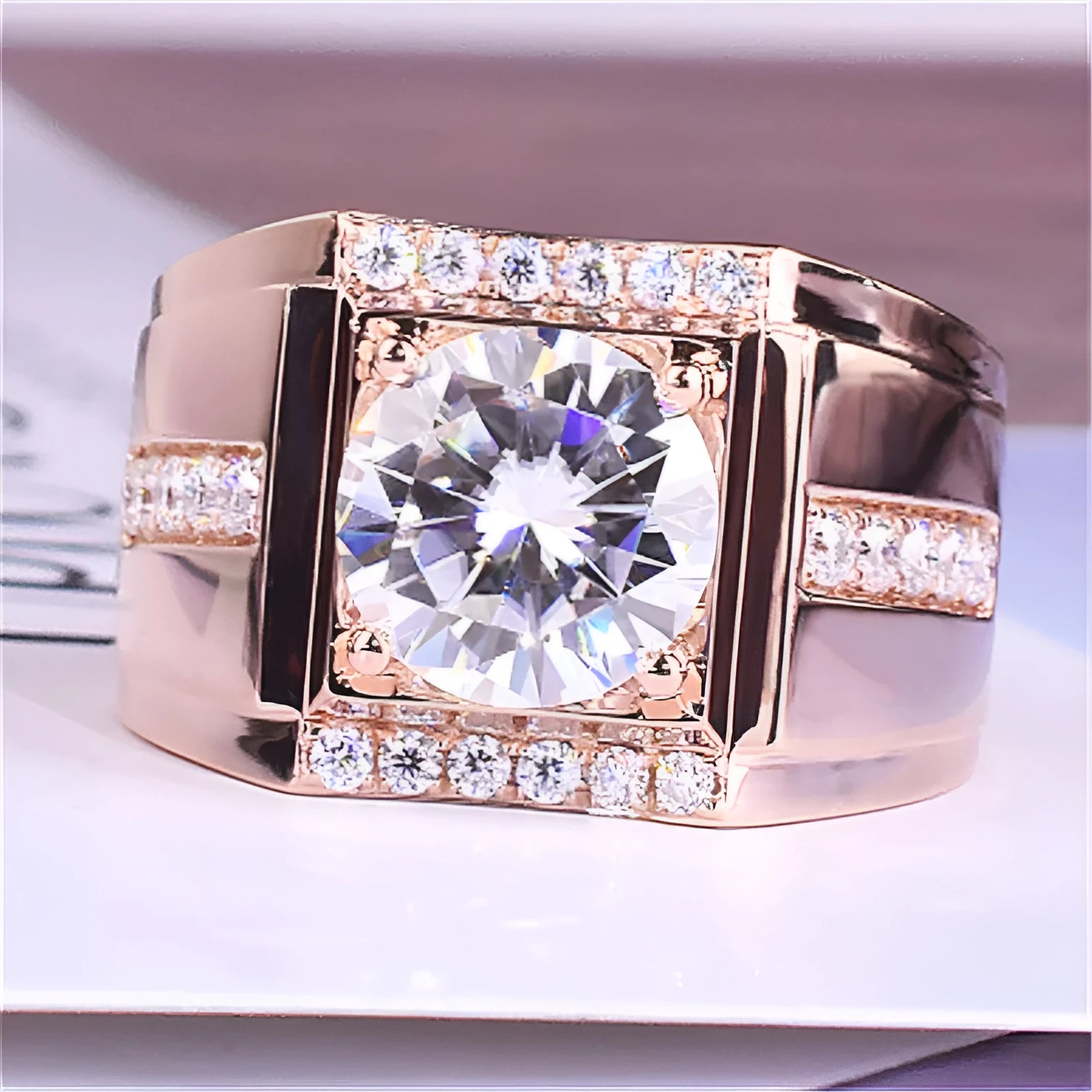 Men's geometric diamond zircon ring with adjustable opening in copper with electroplated finish