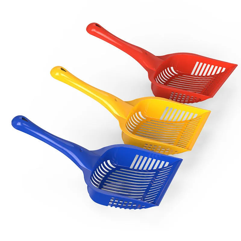 Red, yellow, and blue plastic cat litter scoops in small and medium sizes for pet waste cleaning.
