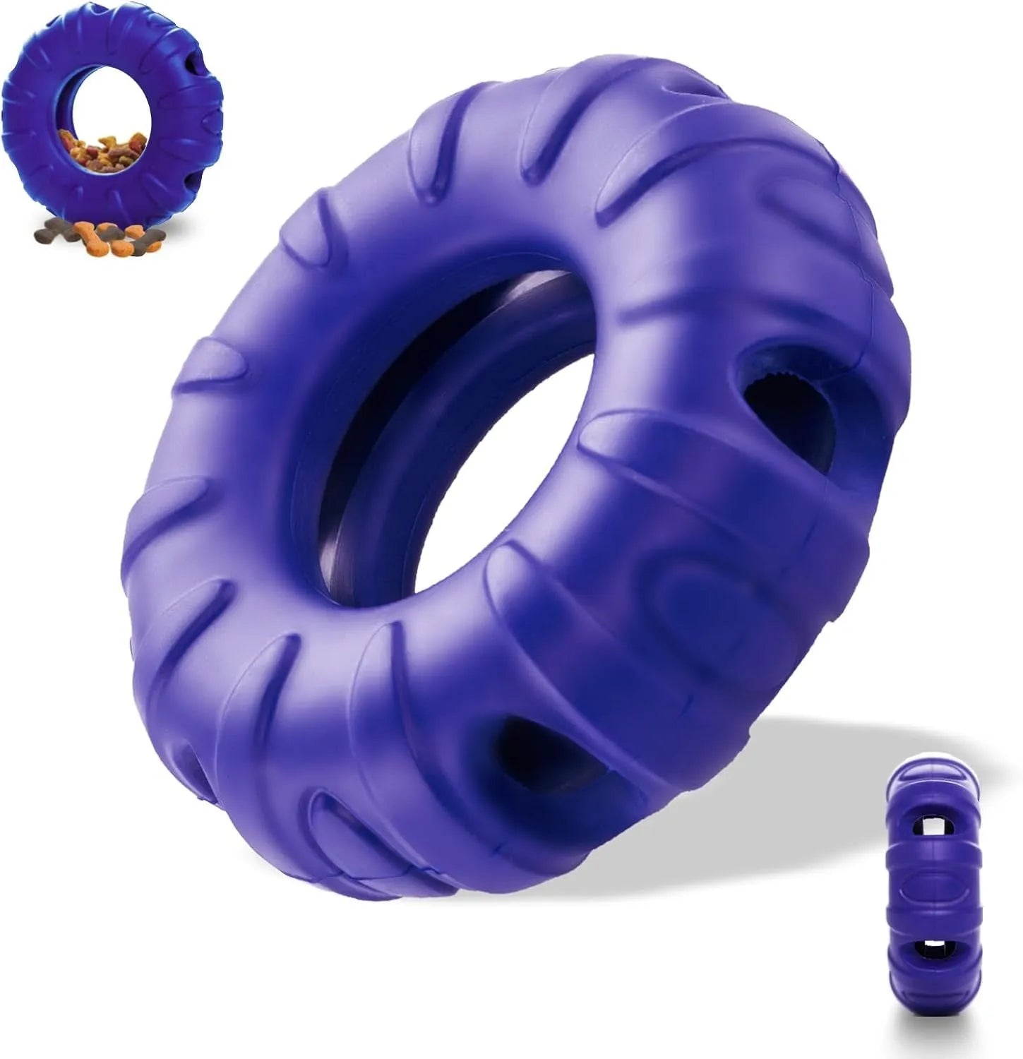 Blue rubber tyre dog chew toy with oval openings for food dispensing