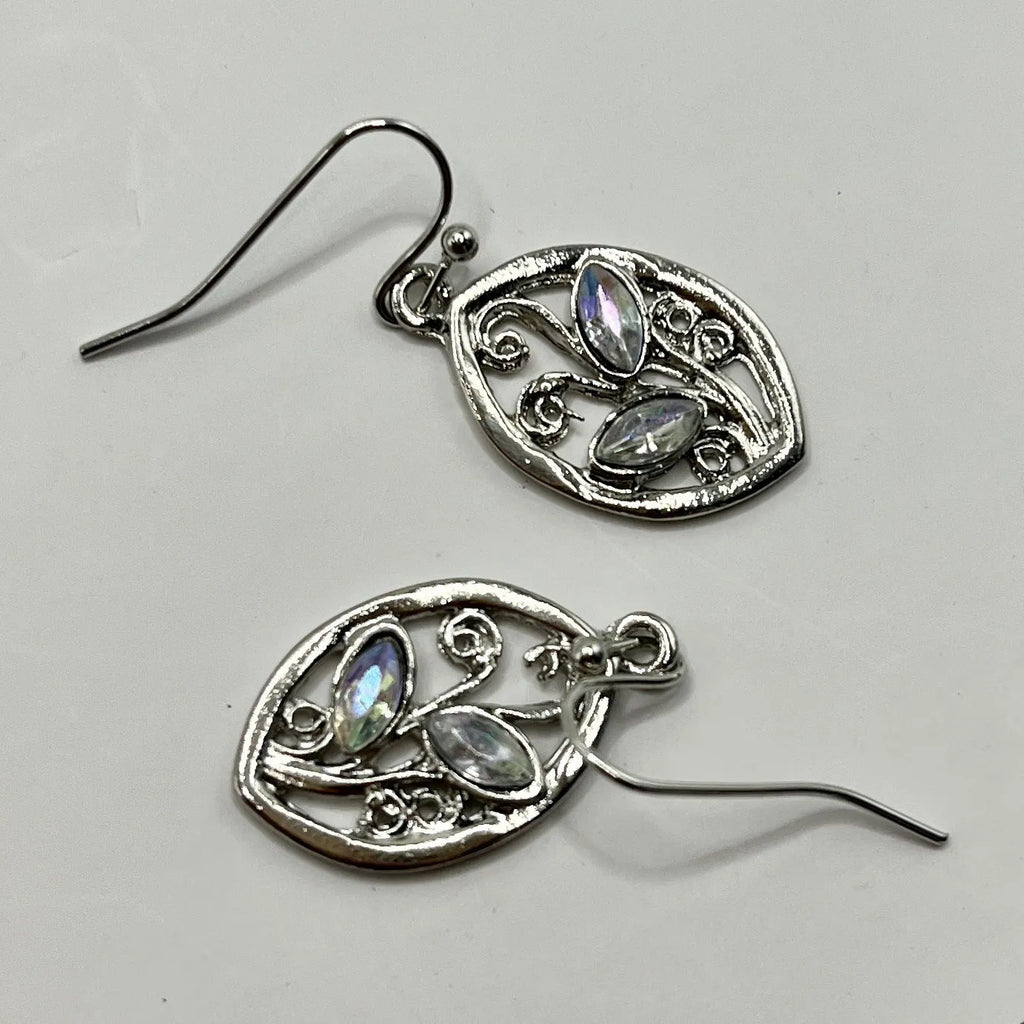 Silver colour alloy earrings with a leaf design and embedded colourful moonstones for women.