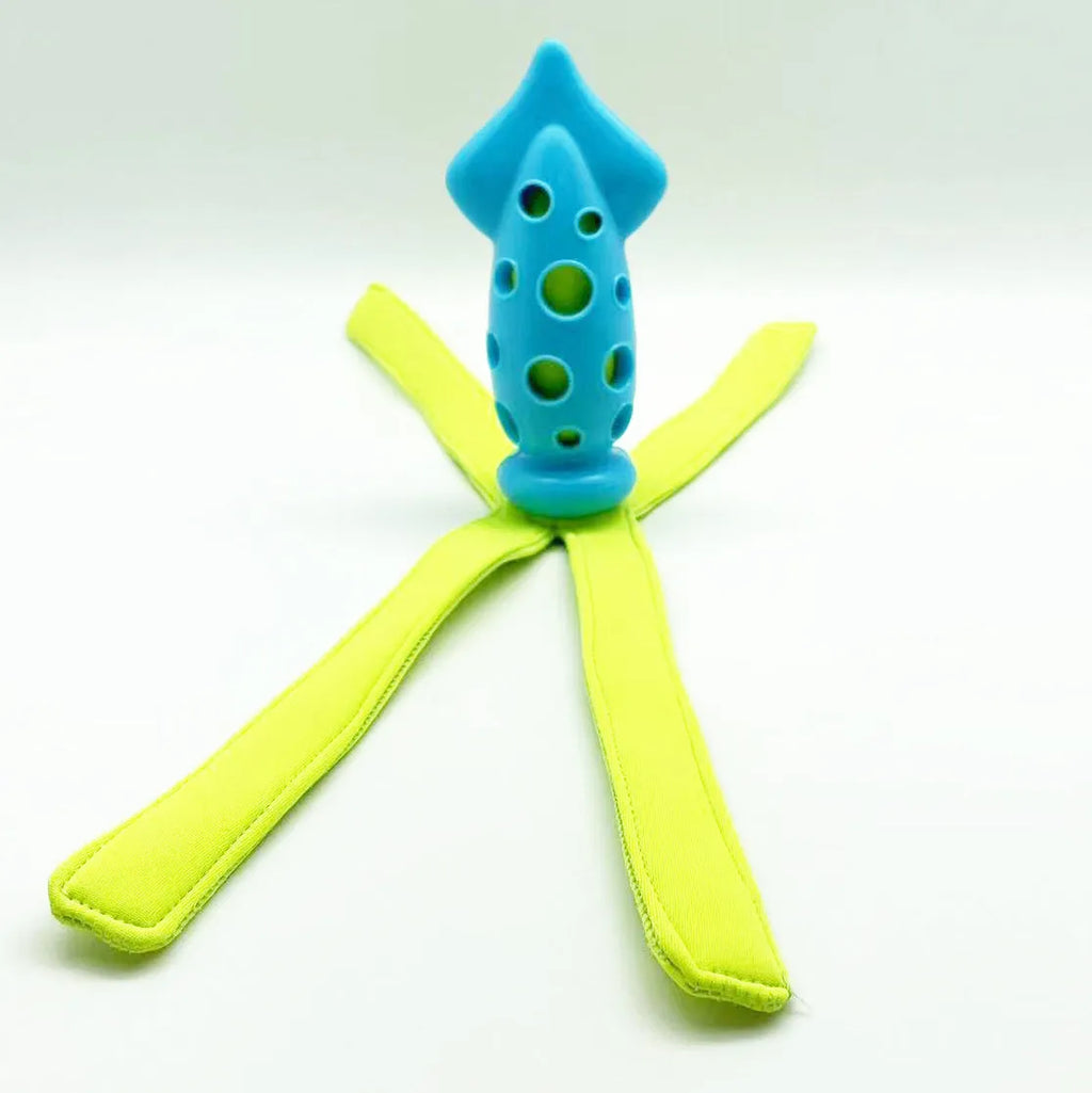 Blue squid-shaped dog chew toy with rubber tentacles and waterproof cloth elements measuring approximately 39cm