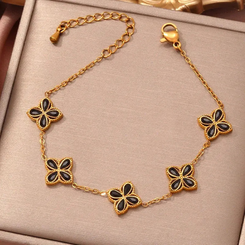 Small flowers inlaid zircon bracelet for women stainless steel multicolor floral jewellery