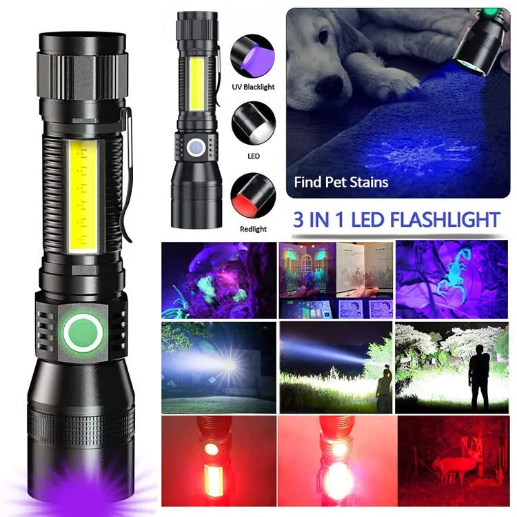 10W magnet USB rechargeable flashlight with aluminium alloy body and focusing beam on black background