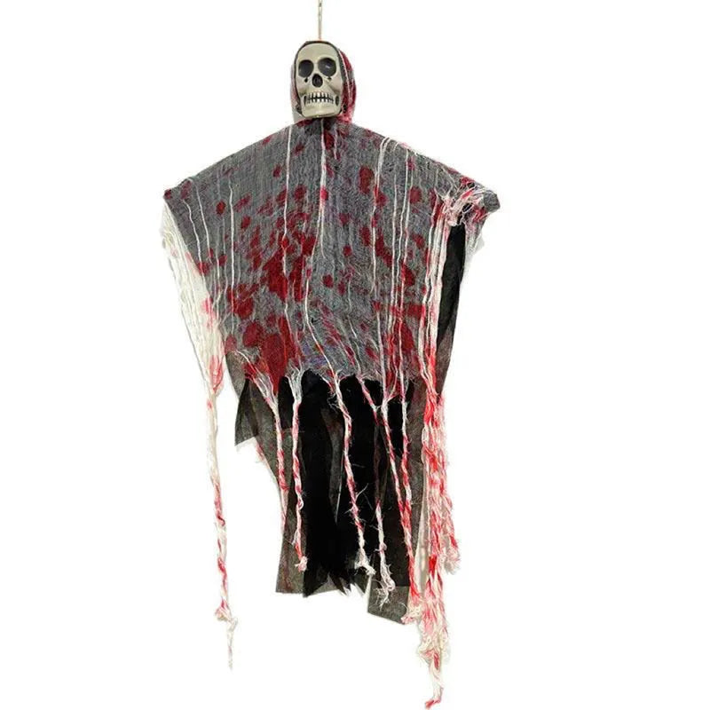 Plastic Halloween decoration of a luminous blood-dyed skull designed as a hanging ghost ornament.