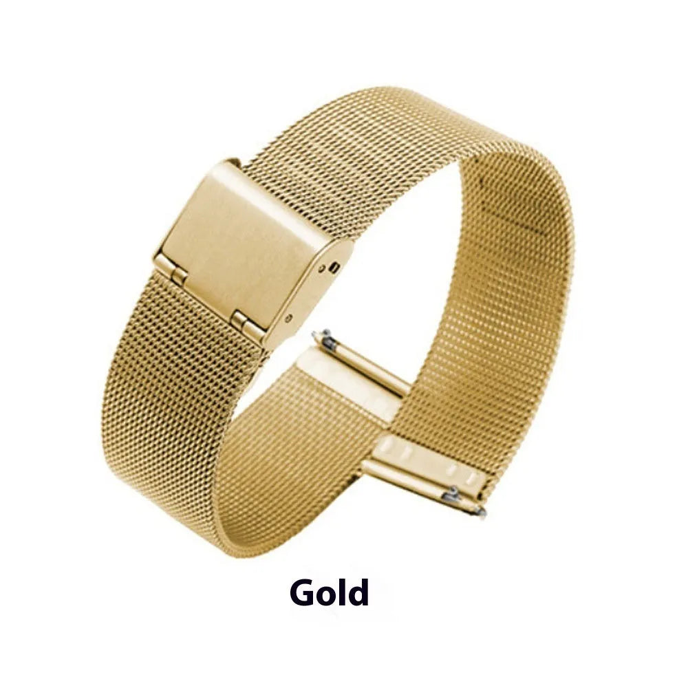 Milani woven stainless steel watch band in silver, black, rose gold, and gold colour options