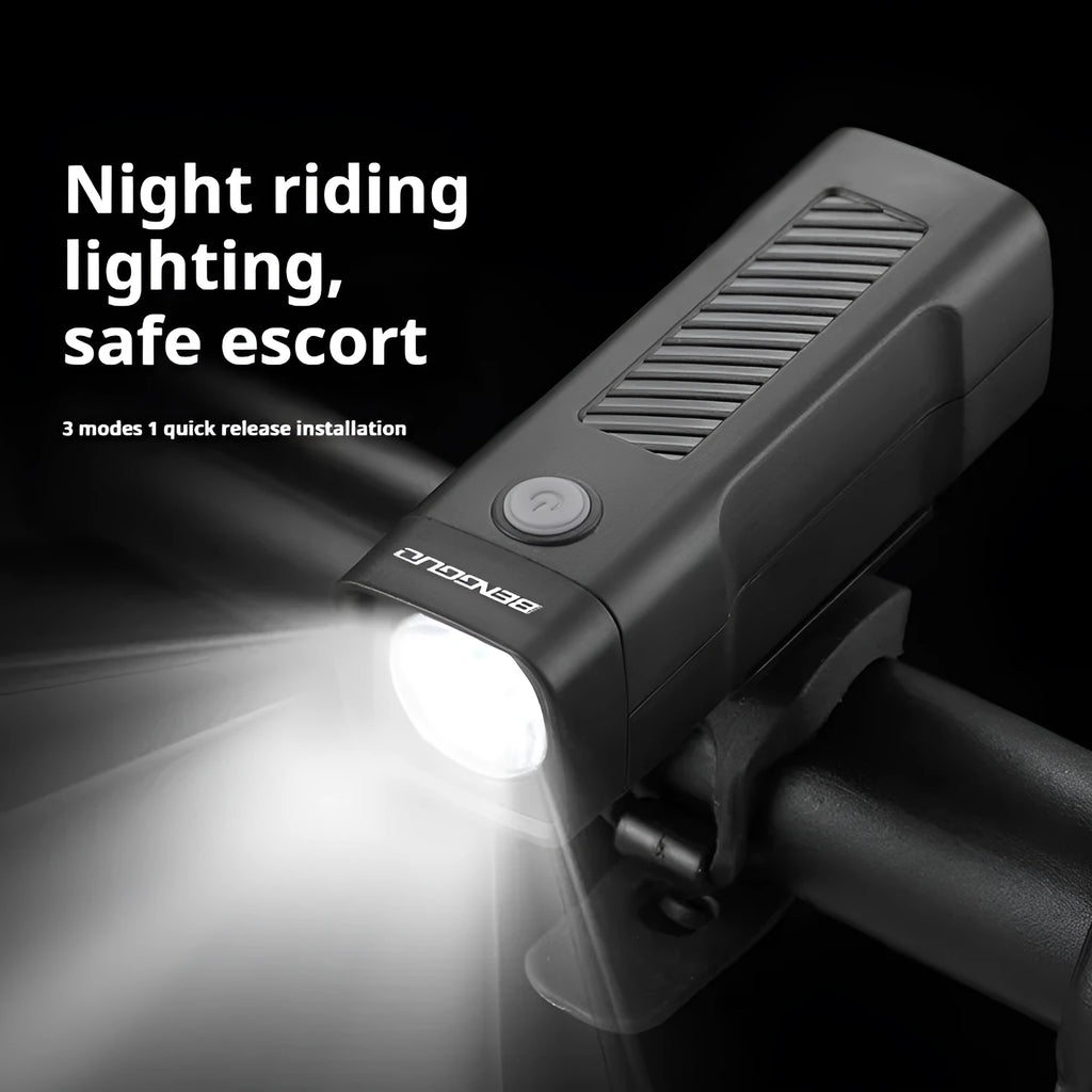 USB rechargeable bicycle headlight with quick release strap mount showing LED light