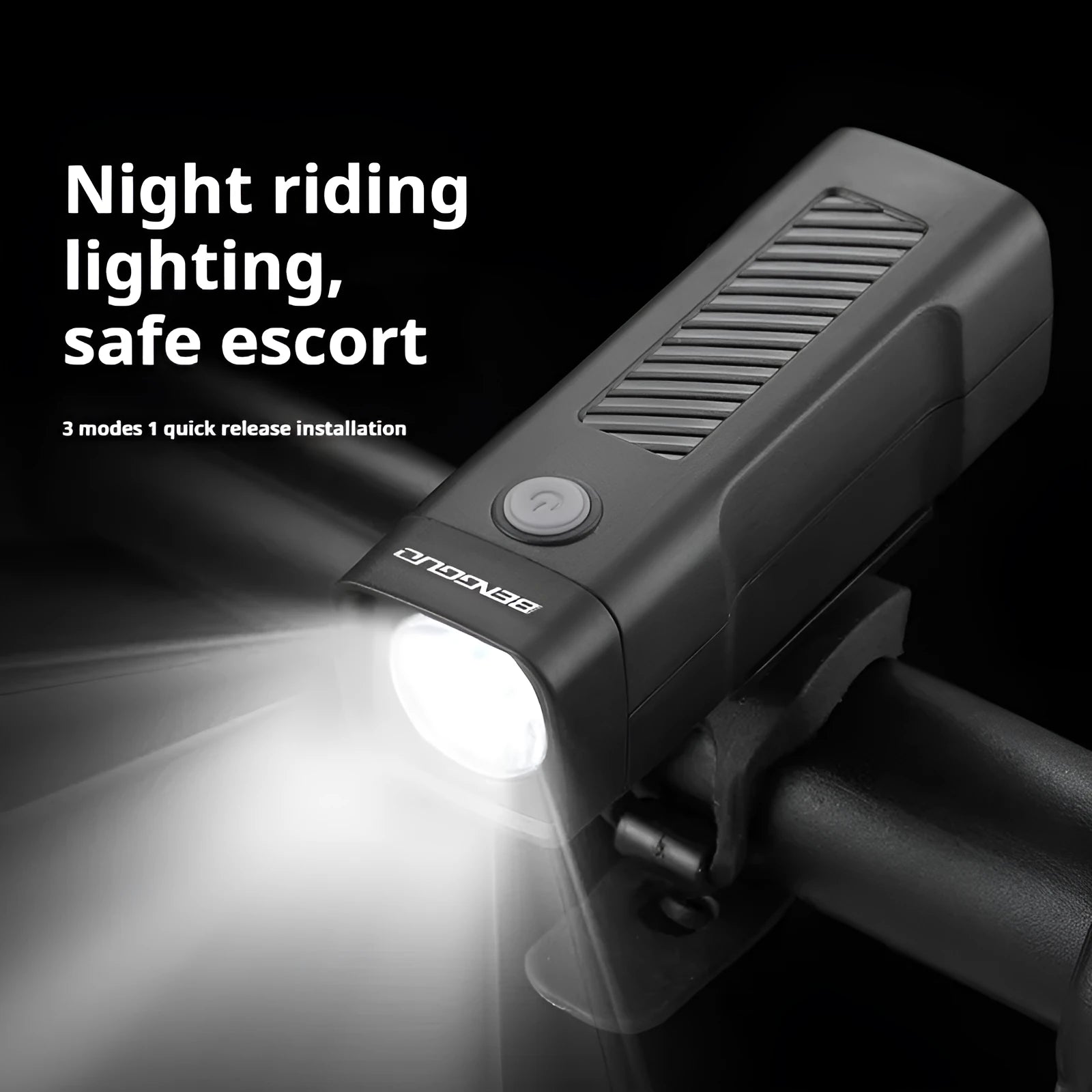 USB rechargeable bicycle headlight with quick release strap mount showing LED light