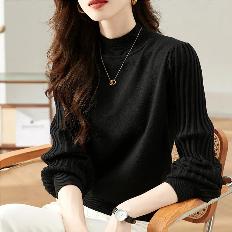 Women's slim fit half turtleneck striped long sleeve shirt in core-spun yarn fabric