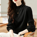 Women's slim fit half turtleneck striped long sleeve shirt in core-spun yarn fabric