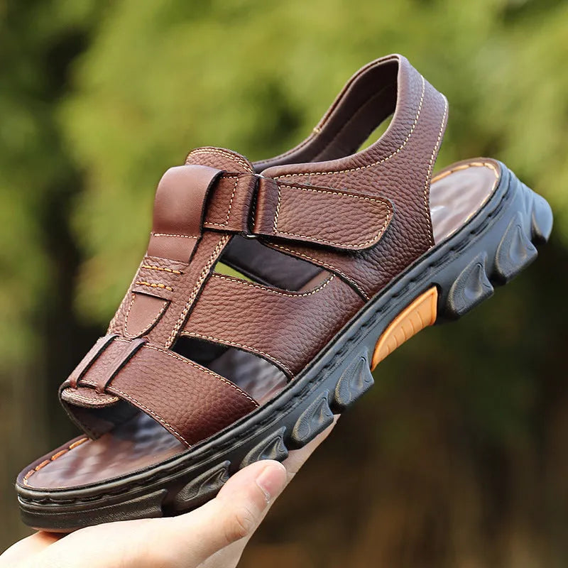 Men's dual-use sandals with first layer cowhide upper, velcro fastening, breathable open toe design in black and brown