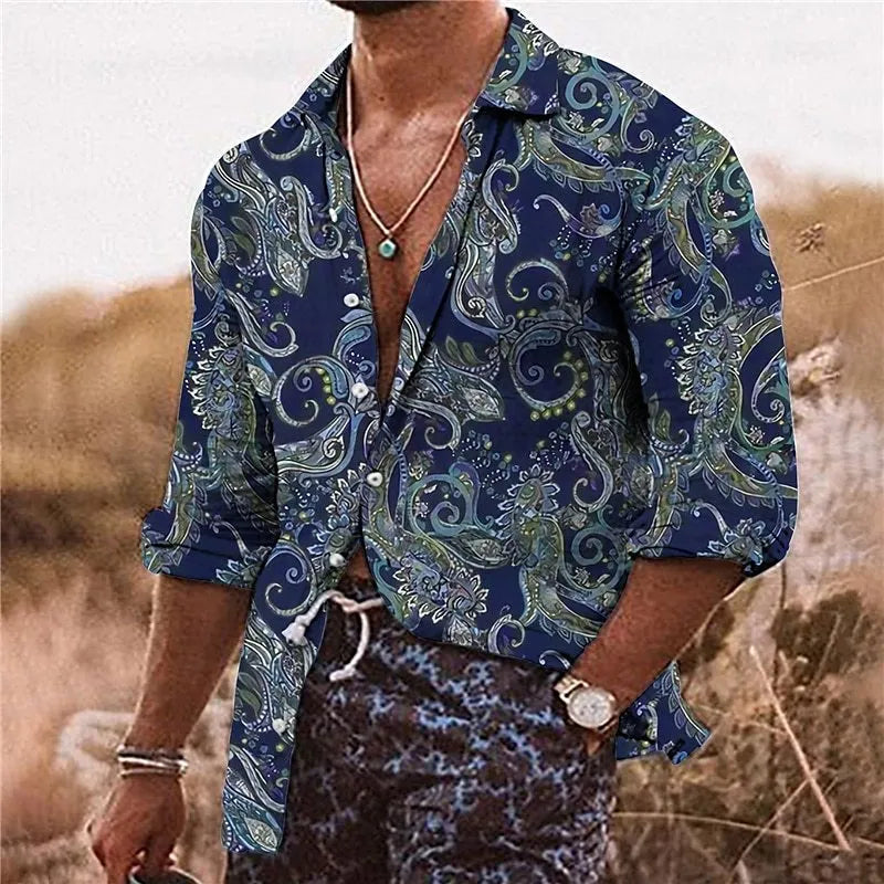 Men's loose-fit long sleeve shirt with 3D floral pattern printing in lightweight polyester fabric