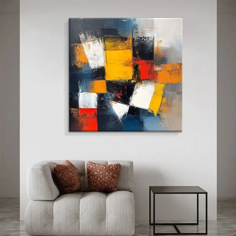 Hand-painted abstract oil painting on canvas, square unframed one-panel wall art in six sizes and two colours