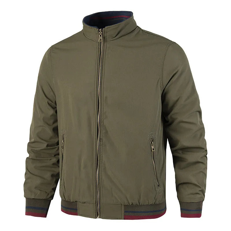 Men's double-sided reversible stand-up collar casual jacket in army green, polyester blend, long sleeves
