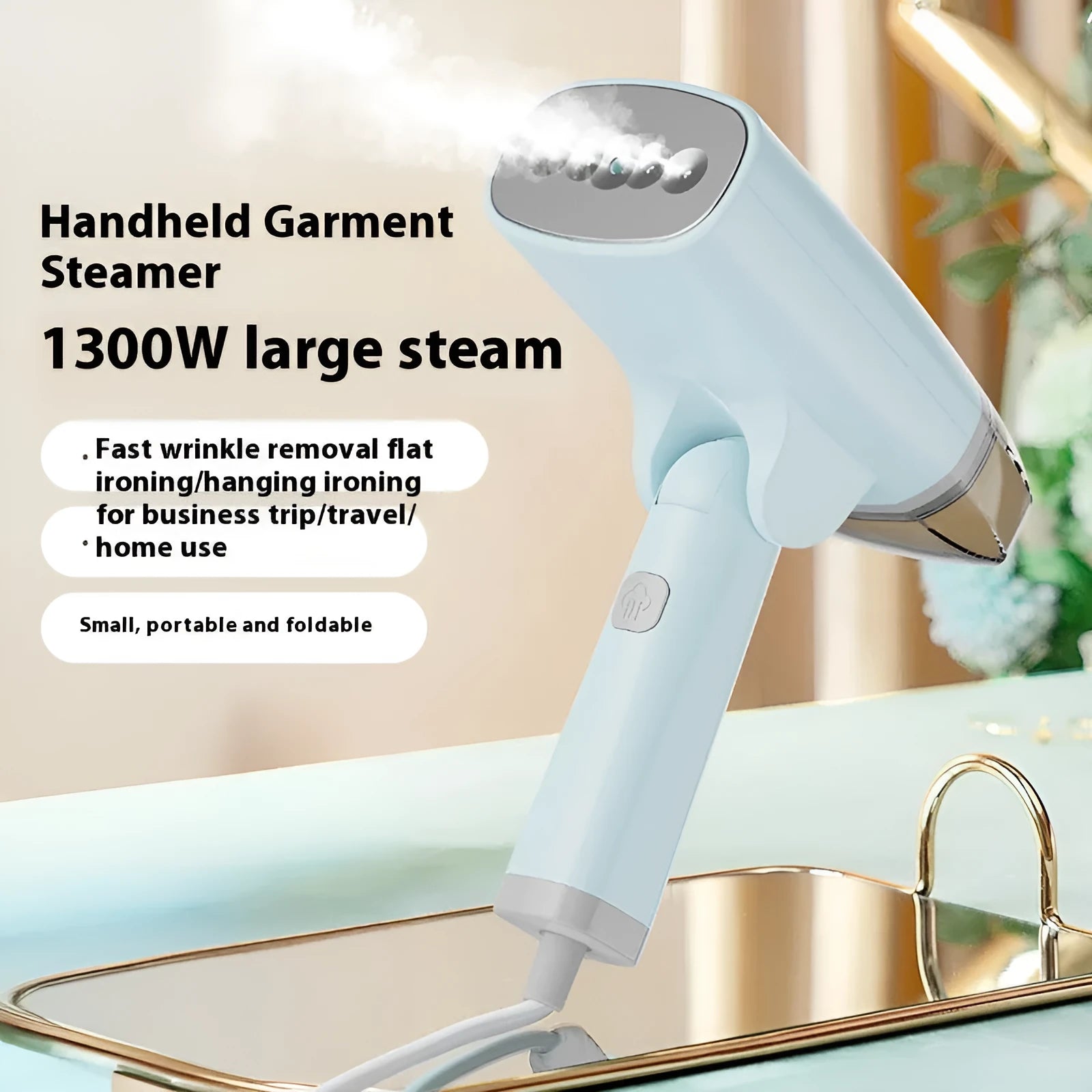 Blue handheld garment steamer with water tank and mechanical controls for clothing care
