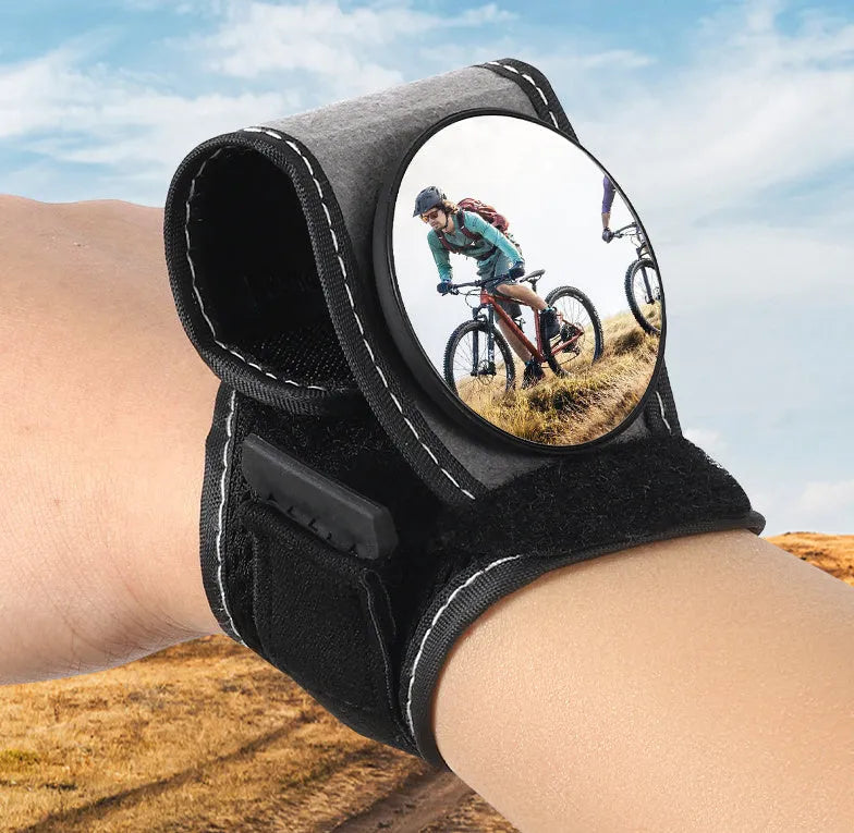Black wrist-mounted rear-view mirror for bicycles with adjustable nylon strap