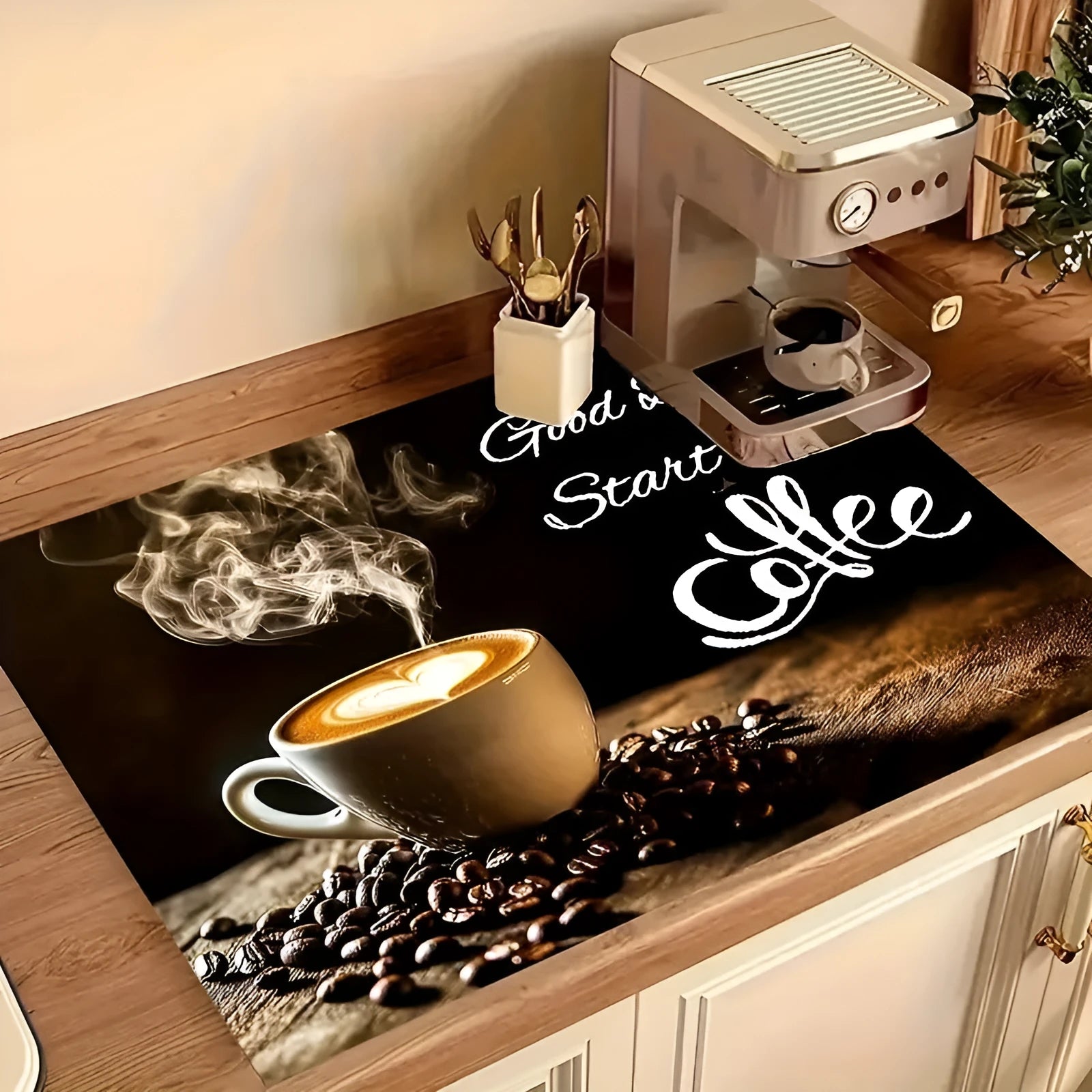 Square PVC kitchen countertop water draining pad with K Coffee Time letter design in 30x40cm size