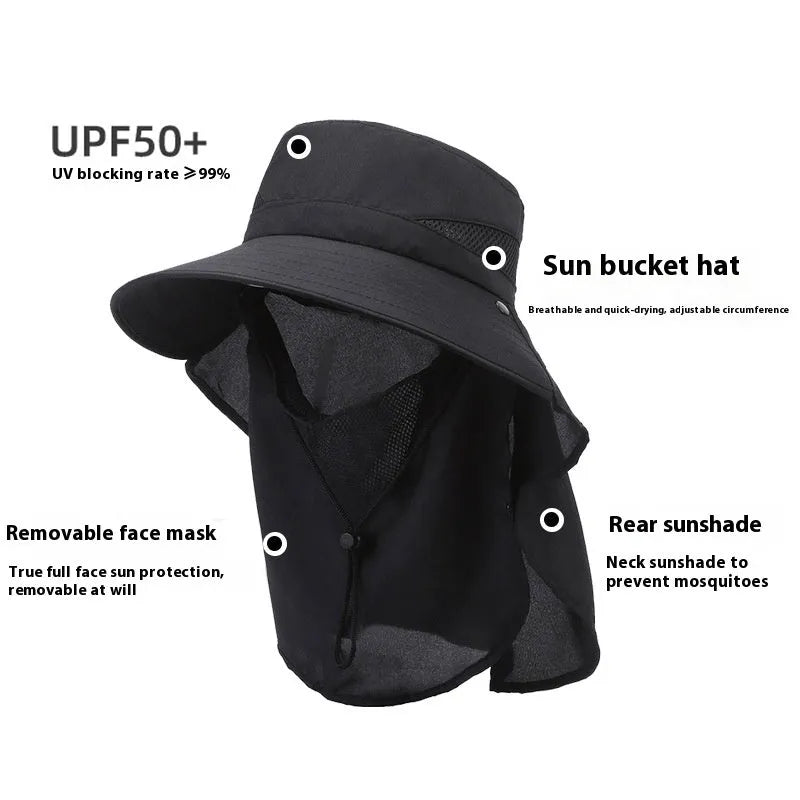 Men's khaki fisherman hat with wide brim and adjustable drawstring cord for sun protection.