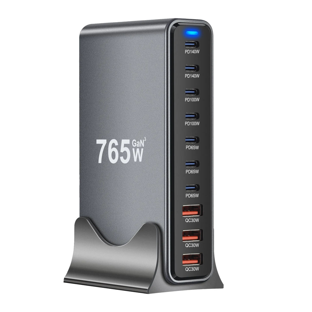 Silver gray 800W gallium nitride multifunctional PD desk charger with 140W total output and USB interface