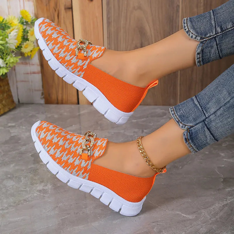 Casual houndstooth print chain mesh shoes for women, low heel, round toe, rubber sole
