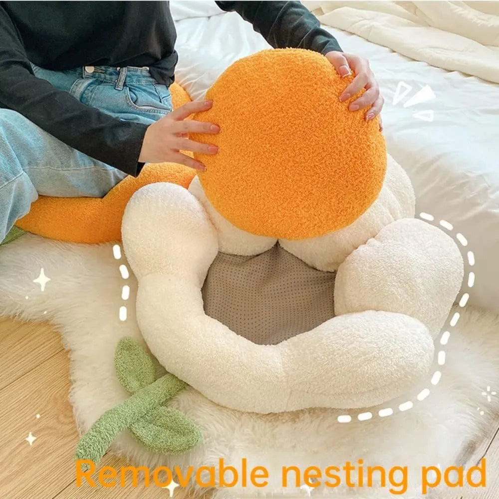 Flower shaped cat nest in brown with thick cushion and non-slip base for small pets