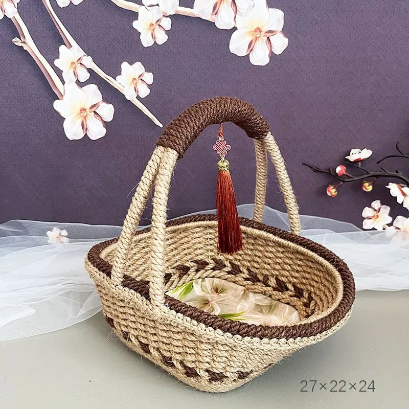 Coffee brown hand-woven straw basket with rustic texture, shown from a side angle.